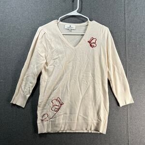 Laurie Felt 3/4 Sleeve Susater w/ Butterfly Embroidery Coconut Cream, X-Small